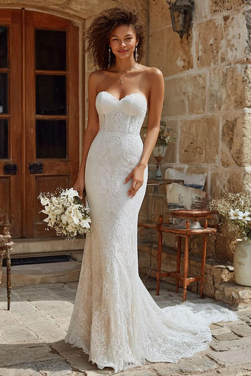 Ivory Strapless Corset Mermaid Lace Wedding Dress With Sweep Train